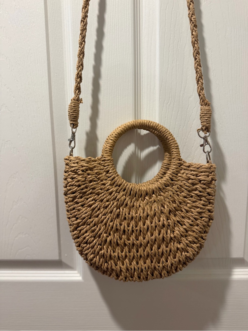 Woven Round Straw Crossbody Bag - Tan